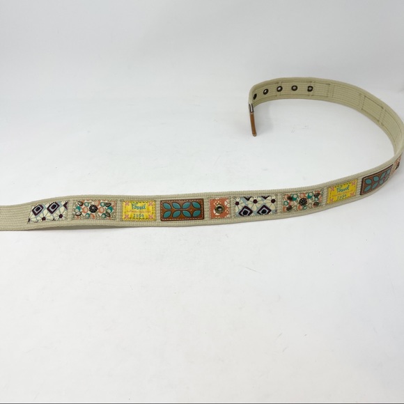 FOSSIL Women’s Canvas Leather Patchwork Belt Brass Hardware - Picture 8 of 8